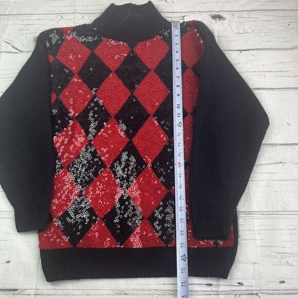 Vintage IB Diffusion Sequin Argyle Mock Neck Sweater Small Silk Wool Red disco - Picture 9 of 11
